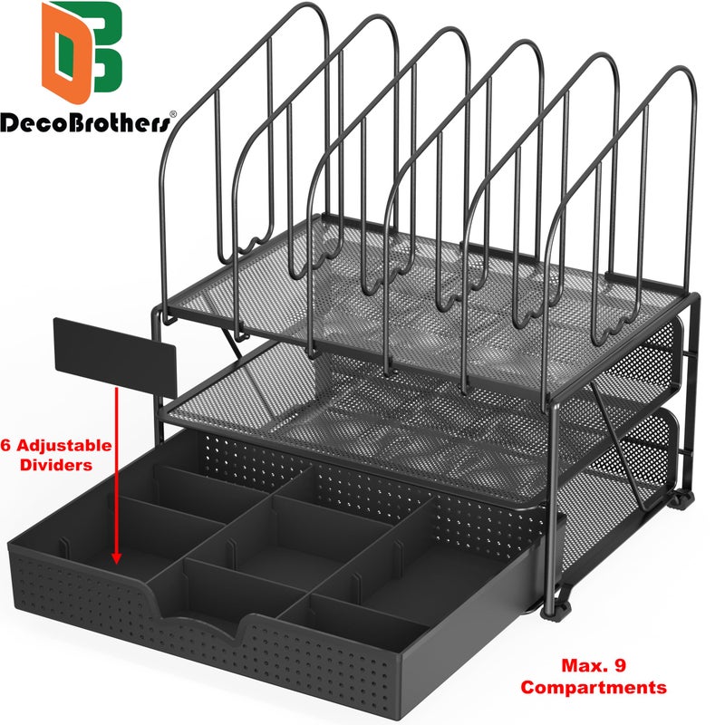 Deco Brothers Mesh Desk Organizer with Double Tray, 5 Upright Sections and Sliding Drawer, Black - Image 2